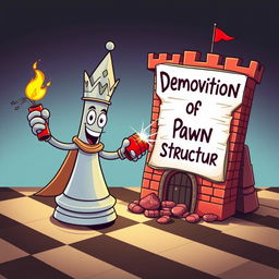 A whimsical and colorful scene set on a classic chessboard, featuring a humanized bishop chess piece with a cheeky expression, actively demolishing a cartoon-style castle using sticks of dynamite