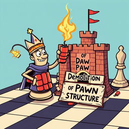 A whimsical and colorful scene set on a classic chessboard, featuring a humanized bishop chess piece with a cheeky expression, actively demolishing a cartoon-style castle using sticks of dynamite