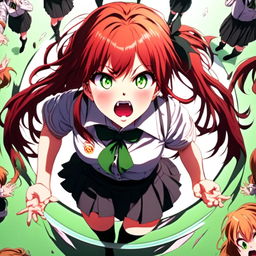 Anime girl in school uniform throwing a tantrum within a circular border. She has fiery red hair, green eyes filled with anger, and is screaming.