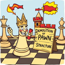 A whimsical and colorful scene set on a classic chessboard, featuring a humanized bishop chess piece with a cheeky expression, actively demolishing a cartoon-style castle using sticks of dynamite