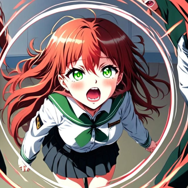 Anime girl in school uniform throwing a tantrum within a circular border. She has fiery red hair, green eyes filled with anger, and is screaming.