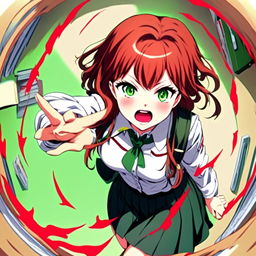 Anime girl in school uniform throwing a tantrum within a circular border. She has fiery red hair, green eyes filled with anger, and is screaming.