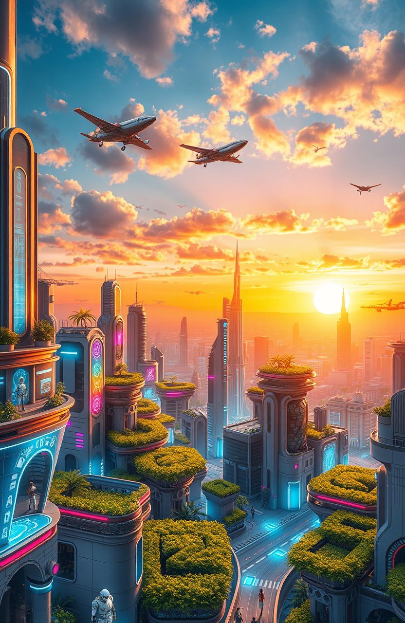 A vibrant and futuristic urban landscape, showcasing advanced technology and architecture with high-rise buildings, flying cars, and bright neon lights