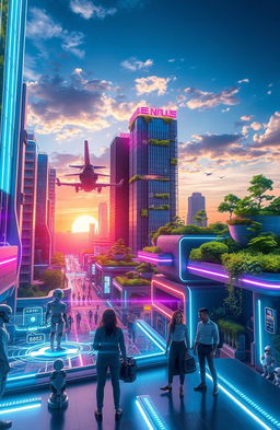 A vibrant and futuristic urban landscape, showcasing advanced technology and architecture with high-rise buildings, flying cars, and bright neon lights