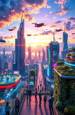 A vibrant and futuristic urban landscape, showcasing advanced technology and architecture with high-rise buildings, flying cars, and bright neon lights