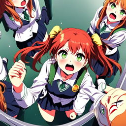 Anime girl in school uniform throwing a tantrum within a circular border. She has fiery red hair, green eyes filled with anger, and is screaming.