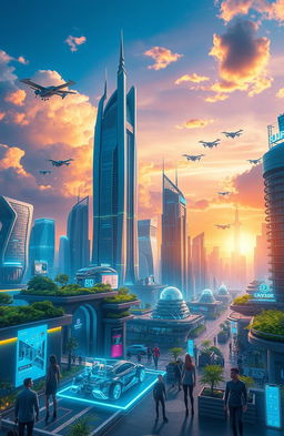 A vibrant and futuristic urban landscape, showcasing advanced technology and architecture with high-rise buildings, flying cars, and bright neon lights