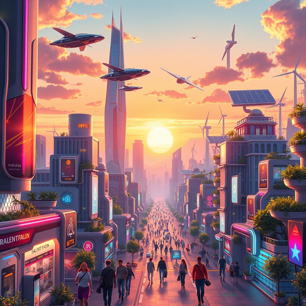 A vibrant and futuristic animated cityscape showcasing a bustling urban environment in the future