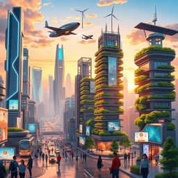 A vibrant and futuristic animated cityscape showcasing a bustling urban environment in the future