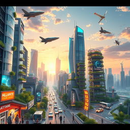 A vibrant and futuristic animated cityscape showcasing a bustling urban environment in the future