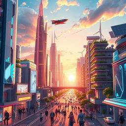 A vibrant and futuristic animated cityscape showcasing a bustling urban environment in the future