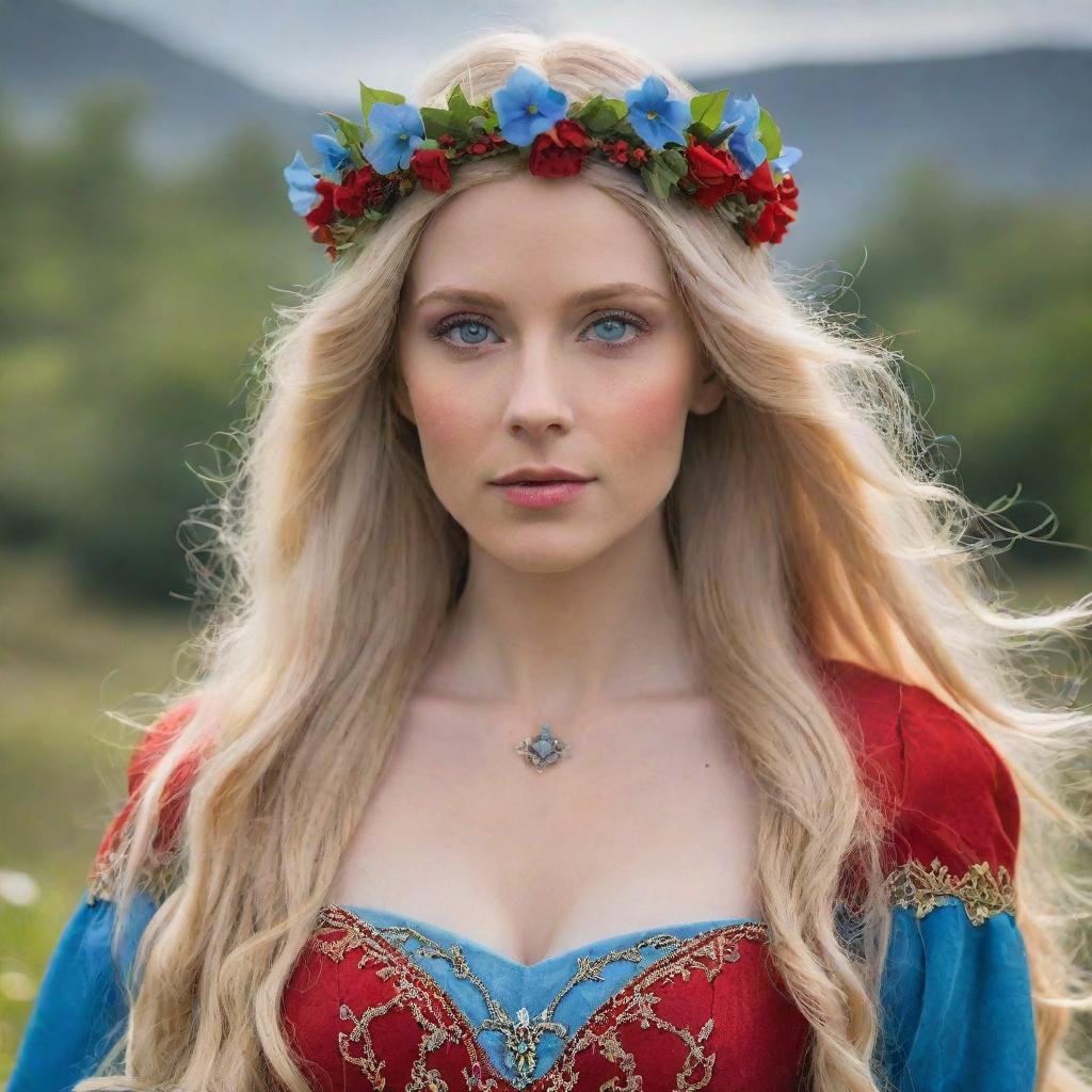 a stunning elven woman with long, blonde hair, sky-blue eyes, wearing a beautiful red dress and adorned with a crown of flowers