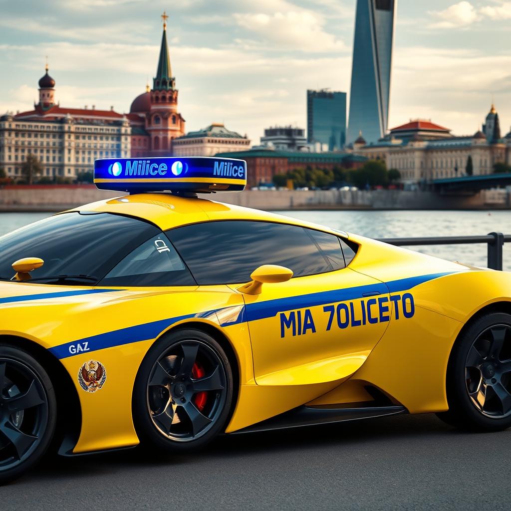 A futuristic Soviet yellow police sports car with a sleek design, featuring a prominent blue stripe and the inscription 'Milice' clearly visible