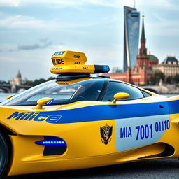 A futuristic Soviet yellow police sports car with a sleek design, featuring a prominent blue stripe and the inscription 'Milice' clearly visible