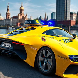 A futuristic Soviet yellow police sports car with a sleek design, featuring a prominent blue stripe and the inscription 'Milice' clearly visible