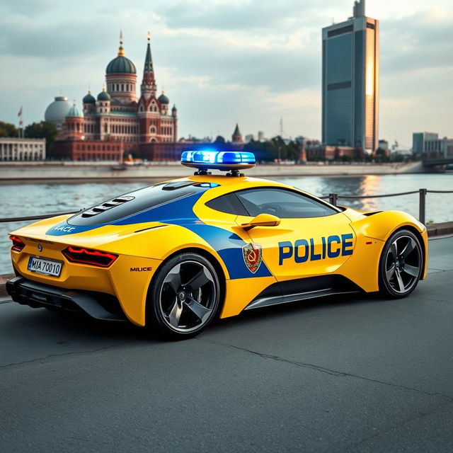 A futuristic Soviet yellow police sports car with a sleek design, featuring a prominent blue stripe and the inscription 'Milice' clearly visible