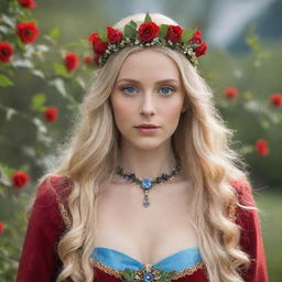 a stunning elven woman with long, blonde hair, sky-blue eyes, wearing a beautiful red dress and adorned with a crown of flowers