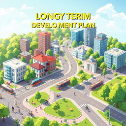 An animated cover design for a long-term urban development plan document, featuring a detailed and modern cityscape