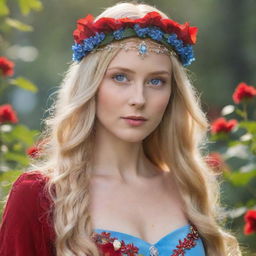 a stunning elven woman with long, blonde hair, sky-blue eyes, wearing a beautiful red dress and adorned with a crown of flowers