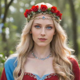 a stunning elven woman with long, blonde hair, sky-blue eyes, wearing a beautiful red dress and adorned with a crown of flowers