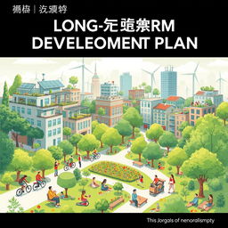 An animated cover design for a long-term development plan document focusing on sustainable development