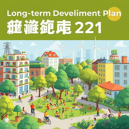 An animated cover design for a long-term development plan document focusing on sustainable development