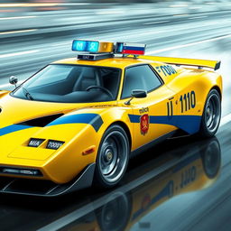 A futuristic yellow Soviet police sports car, featuring a prominent blue stripe along its side and the inscription "Milice" on the body