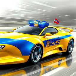 A futuristic yellow Soviet police sports car, featuring a prominent blue stripe along its side and the inscription "Milice" on the body