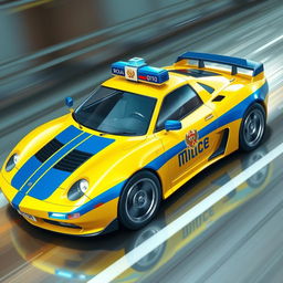 A futuristic yellow Soviet police sports car, featuring a prominent blue stripe along its side and the inscription "Milice" on the body