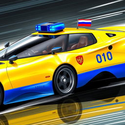 A futuristic yellow Soviet police sports car, featuring a prominent blue stripe along its side and the inscription "Milice" on the body