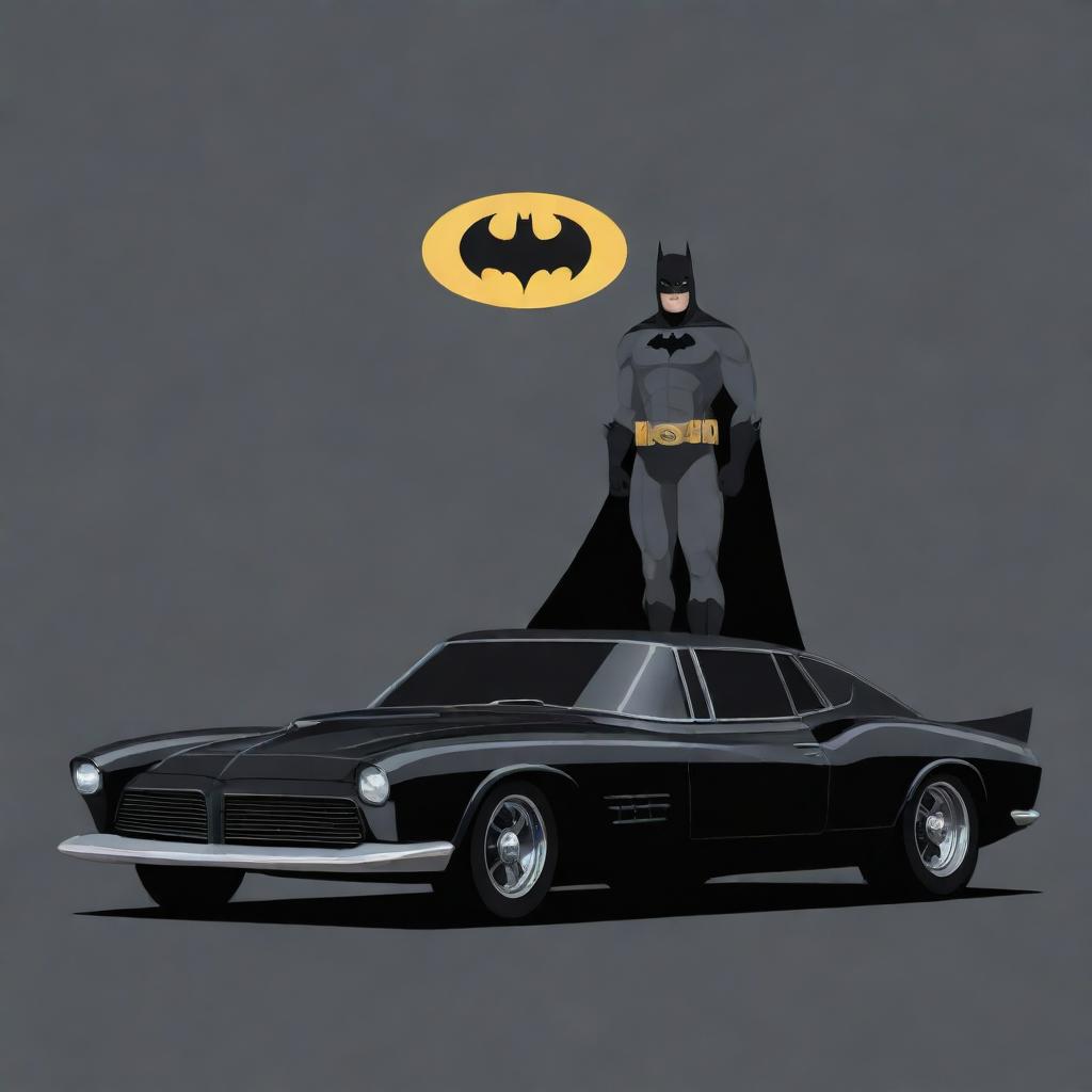 A 2D flat design image of Batman standing next to his Batmobile.