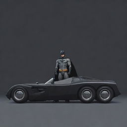 A 2D flat design image of Batman standing next to his Batmobile.