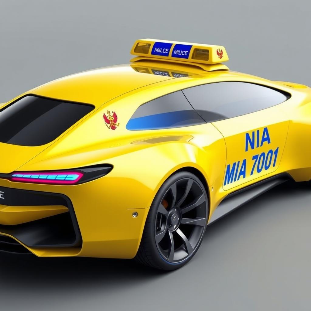 A futuristic concept car designed to resemble a Soviet-era police car, painted in a bright yellow color with a bold blue stripe running along the side