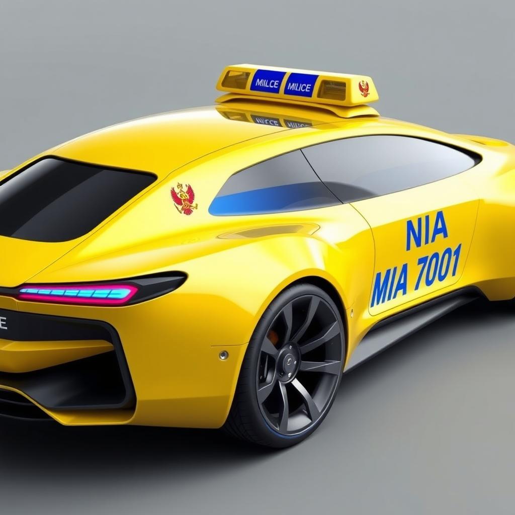 A futuristic concept car designed to resemble a Soviet-era police car, painted in a bright yellow color with a bold blue stripe running along the side