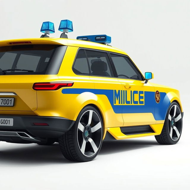 A futuristic concept car designed to resemble a Soviet-era police car, painted in a bright yellow color with a bold blue stripe running along the side