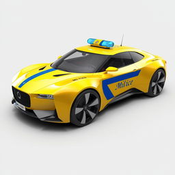 A futuristic concept car designed to resemble a Soviet-era police car, painted in a bright yellow color with a bold blue stripe running along the side