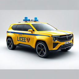 A futuristic concept car designed to resemble a Soviet-era police car, painted in a bright yellow color with a bold blue stripe running along the side