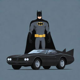 A 2D flat design image of Batman standing next to his Batmobile.