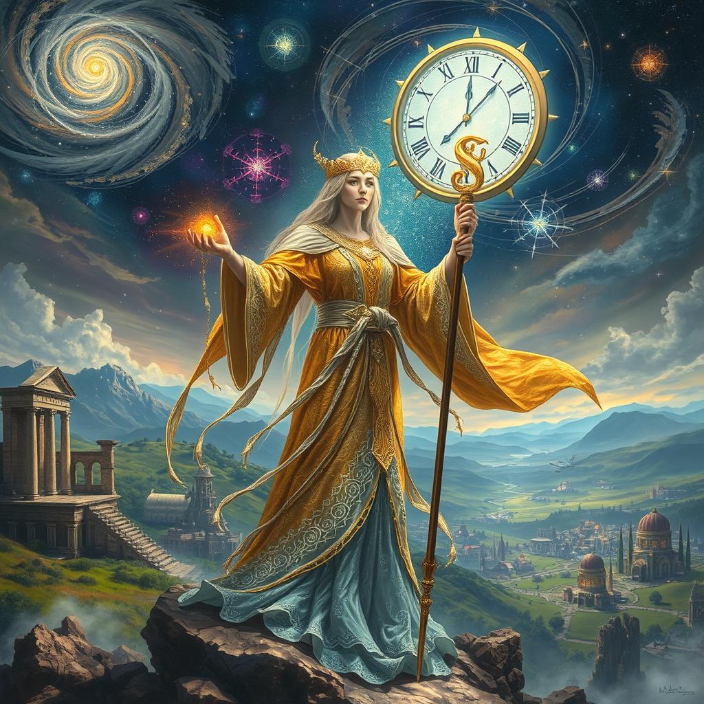 A fantastical scene depicting a Time Guardian, an ethereal being tasked with overseeing the flow of time