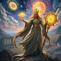 A fantastical scene depicting a Time Guardian, an ethereal being tasked with overseeing the flow of time