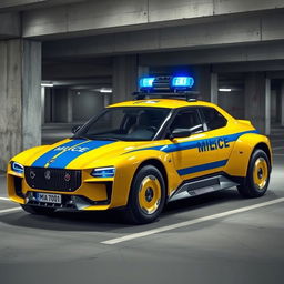 A futuristic concept car designed as a Soviet-style police vehicle, featuring a vibrant yellow body with a bold blue stripe running along the side