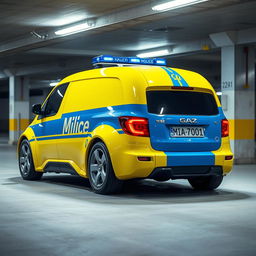 A futuristic concept car designed as a Soviet-style police vehicle, featuring a vibrant yellow body with a bold blue stripe running along the side