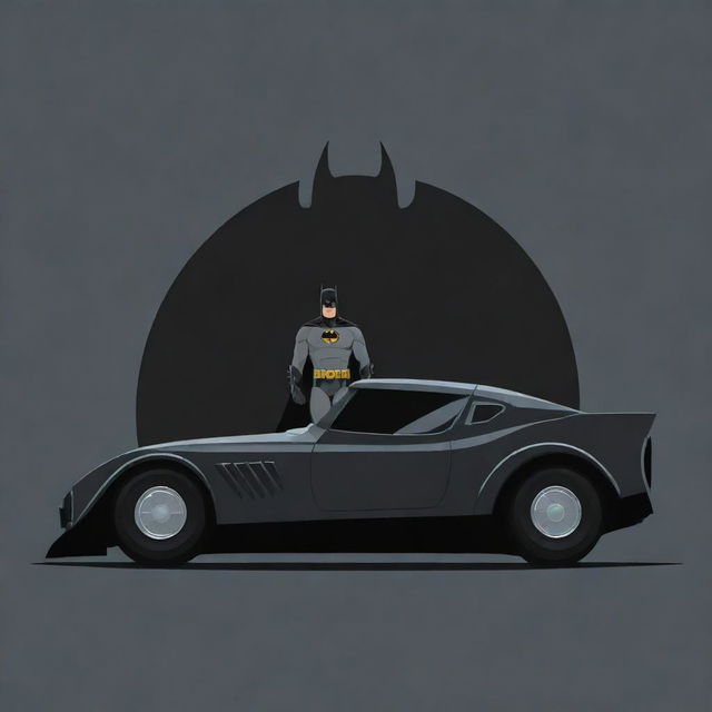 A 2D flat design image of Batman standing next to his Batmobile.