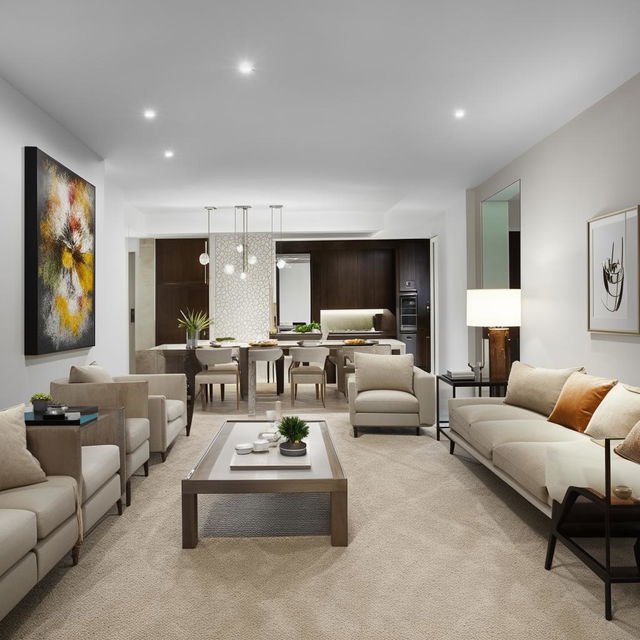 A 3000 square foot layout, featuring four inviting living rooms each with an adjoining upscale bathroom, one serene study room, and a spacious modern kitchen.