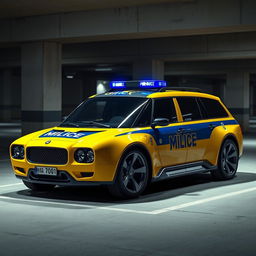 A futuristic concept car designed as a Soviet-style police vehicle, featuring a vibrant yellow body with a bold blue stripe running along the side