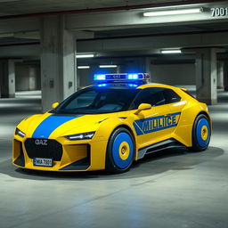 A futuristic concept car designed as a Soviet-style police vehicle, featuring a vibrant yellow body with a bold blue stripe running along the side