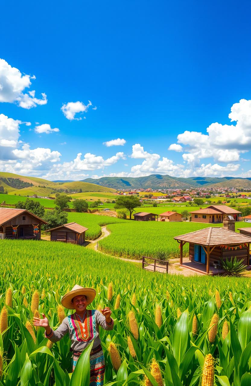 A vibrant and colorful depiction of a traditional Mexican landscape featuring lush green maize fields extending to the horizon, under a bright blue sky dotted with fluffy white clouds