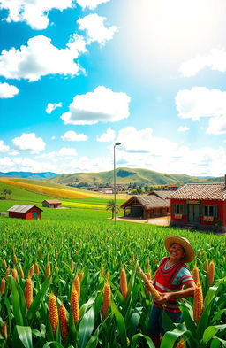 A vibrant and colorful depiction of a traditional Mexican landscape featuring lush green maize fields extending to the horizon, under a bright blue sky dotted with fluffy white clouds