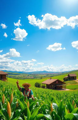 A vibrant and colorful depiction of a traditional Mexican landscape featuring lush green maize fields extending to the horizon, under a bright blue sky dotted with fluffy white clouds