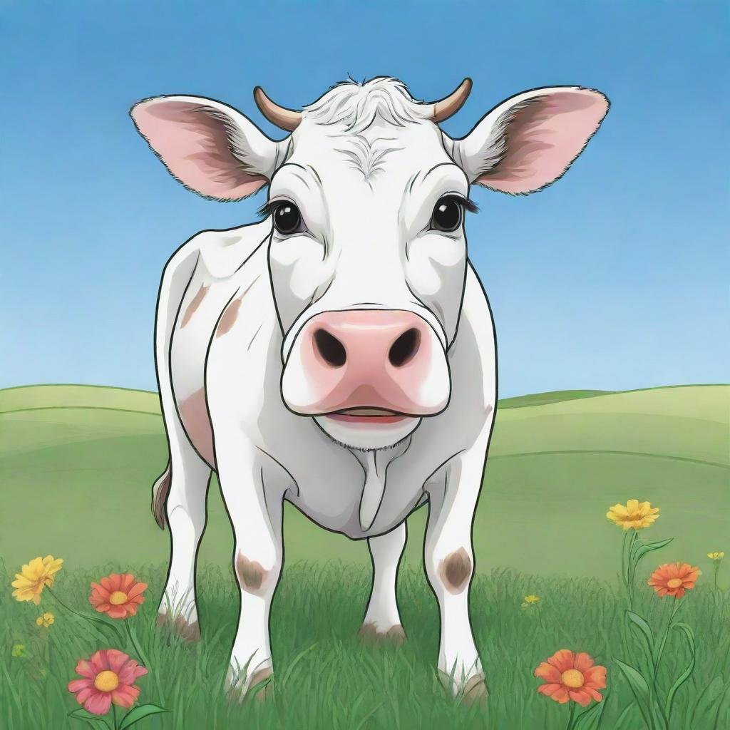 An aesthetic, child-friendly line art illustration of a happy cow grazing in a meadow with vibrant, cartoon-style background colors. The cow is left uncolored, ready for coloring.